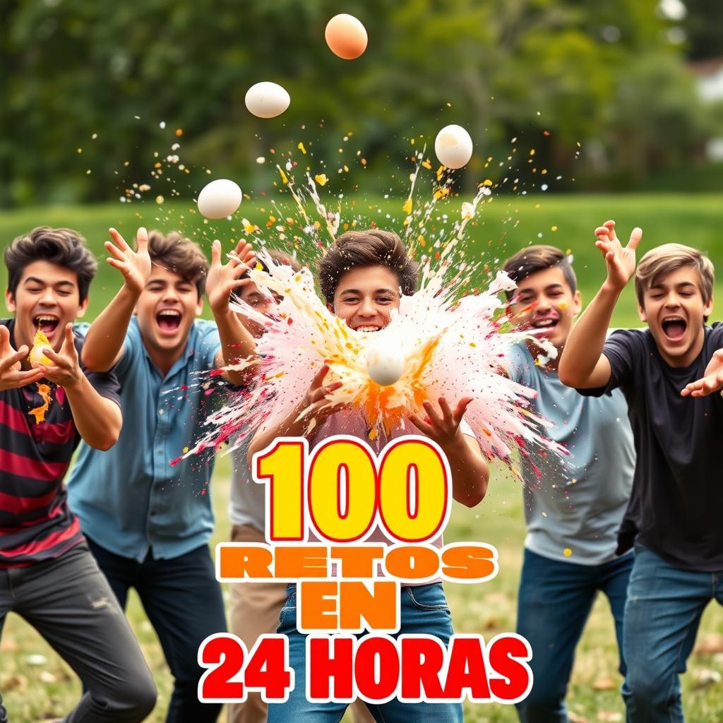 A lively scene depicting a group of male teenagers enthusiastically participating in fun challenges, with exploding eggs as a central activity