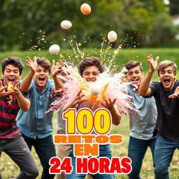 A lively scene depicting a group of male teenagers enthusiastically participating in fun challenges, with exploding eggs as a central activity