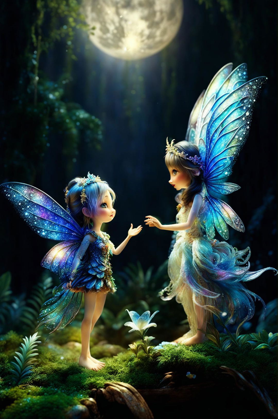 A high-quality digital art piece illustrating a fairy with iridescent wings and a silk dress, extending a hand towards a friendly skunk in a moonlit forest