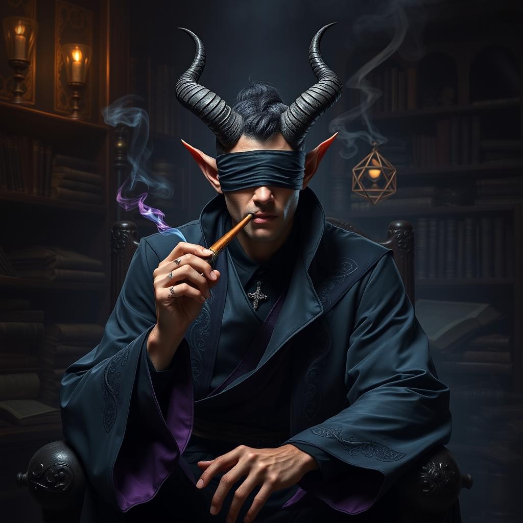 A handsome blindfolded male tiefling warlock with sleek, curved horns and rich skin tone, seated in an ornate, dark room filled with ancient tomes and magical artifacts