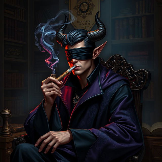 A handsome blindfolded male tiefling warlock with sleek, curved horns and rich skin tone, seated in an ornate, dark room filled with ancient tomes and magical artifacts