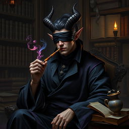 A handsome blindfolded male tiefling warlock with sleek, curved horns and rich skin tone, seated in an ornate, dark room filled with ancient tomes and magical artifacts