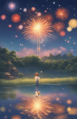 A high-quality Studio Ghibli style image depicting a vibrant fireworks show reflecting off a pond, with a child in the foreground staring up in wonder