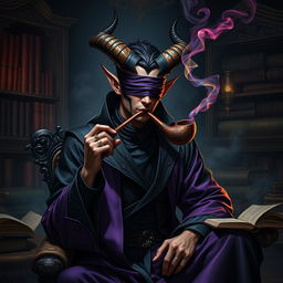 A handsome blindfolded male tiefling warlock with sleek, curved horns and rich skin tone, seated in an ornate, dark room filled with ancient tomes and magical artifacts