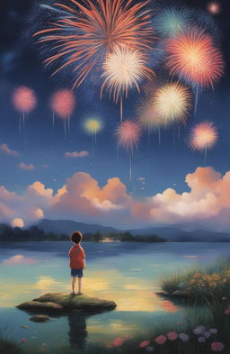 A high-quality Studio Ghibli style image depicting a vibrant fireworks show reflecting off a pond, with a child in the foreground staring up in wonder