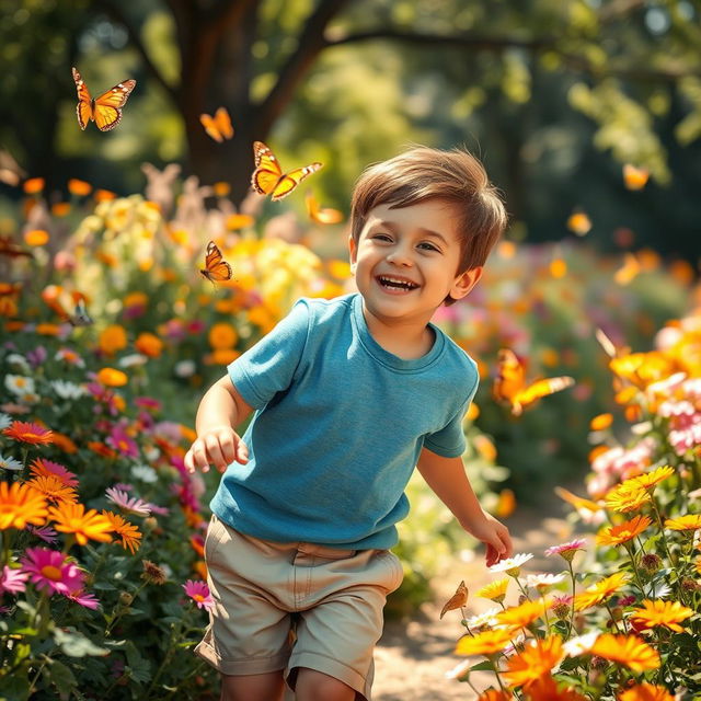 A charming young boy playing joyfully in a flower-filled garden, surrounded by colorful butterflies and bright, sunlit petals