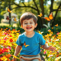 A charming young boy playing joyfully in a flower-filled garden, surrounded by colorful butterflies and bright, sunlit petals