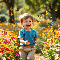 A charming young boy playing joyfully in a flower-filled garden, surrounded by colorful butterflies and bright, sunlit petals