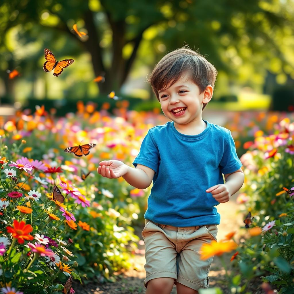 A charming young boy playing joyfully in a flower-filled garden, surrounded by colorful butterflies and bright, sunlit petals