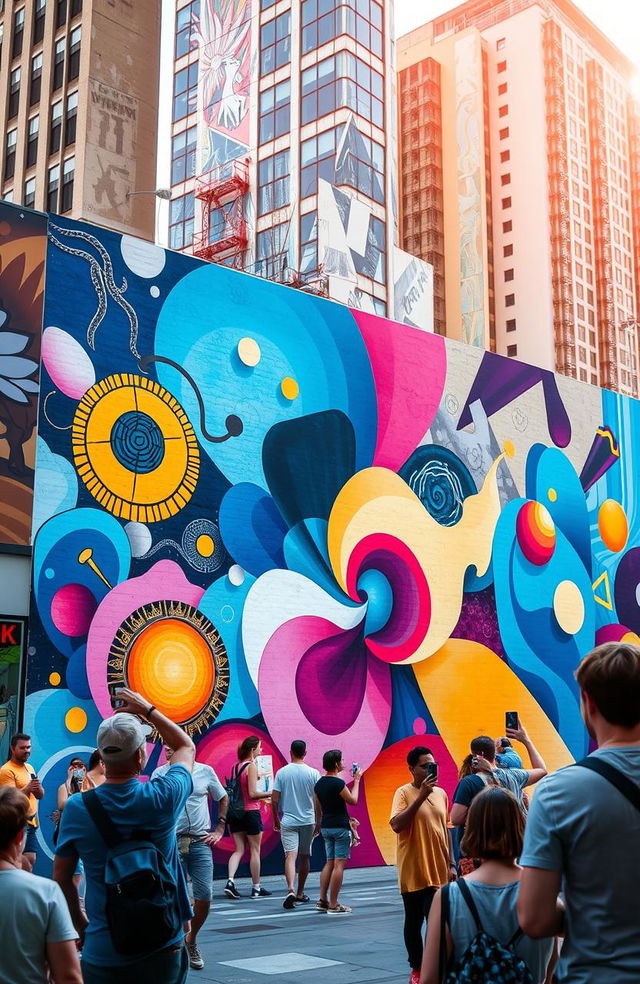 An intricate and vibrant street art mural depicting various abstract geometric shapes and patterns swirling together in a beautiful harmony of colors, blending shades of blue, pink, and yellow