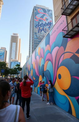 An intricate and vibrant street art mural depicting various abstract geometric shapes and patterns swirling together in a beautiful harmony of colors, blending shades of blue, pink, and yellow