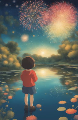 A high-quality Studio Ghibli style image depicting a vibrant fireworks show reflecting off a pond, with a child in the foreground staring up in wonder