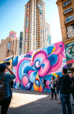 An intricate and vibrant street art mural depicting various abstract geometric shapes and patterns swirling together in a beautiful harmony of colors, blending shades of blue, pink, and yellow