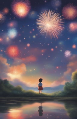 A high-quality Studio Ghibli style image depicting a vibrant fireworks show reflecting off a pond, with a child in the foreground staring up in wonder