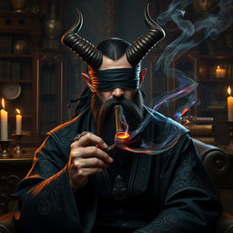 A handsome blindfolded bearded male tiefling warlock sitting in a lavish, dimly lit chamber filled with arcane relics and books