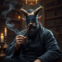 A handsome blindfolded bearded male tiefling warlock sitting in a lavish, dimly lit chamber filled with arcane relics and books