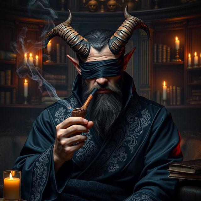 A handsome blindfolded bearded male tiefling warlock sitting in a lavish, dimly lit chamber filled with arcane relics and books