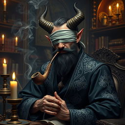 A handsome blindfolded bearded male tiefling warlock sitting in a lavish, dimly lit chamber filled with arcane relics and books