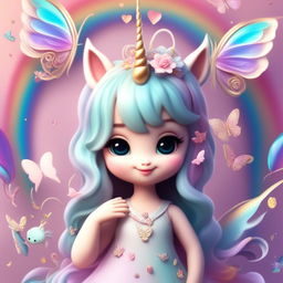 A whimsical digital art piece featuring a radiant unicorn, iridescent butterflies, and a fairy in a pastel-colored background