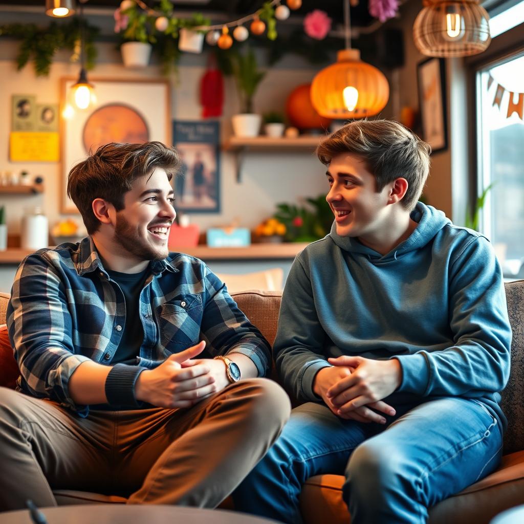 A casual and engaging scene featuring the YouTuber MrBeast chatting with a young man