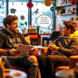 A casual and engaging scene featuring the YouTuber MrBeast chatting with a young man