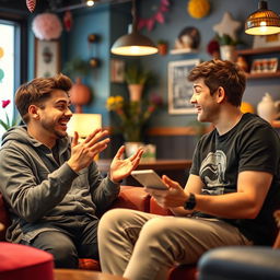 A casual and engaging scene featuring the YouTuber MrBeast chatting with a young man