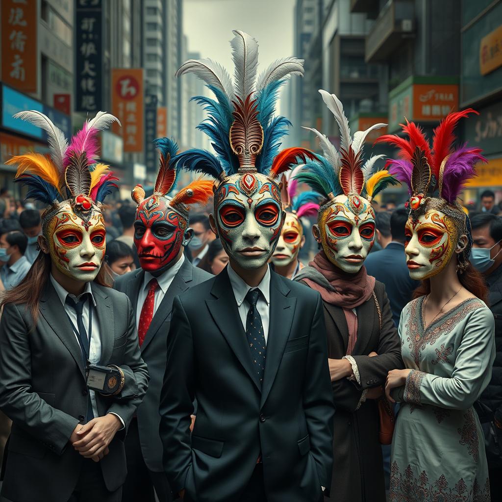 A surreal and thought-provoking depiction of 'The Disguise of Normality,' featuring individuals in various social settings wearing intricate, colorful masks that symbolize different facets of personality and societal roles