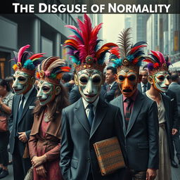 A surreal and thought-provoking depiction of 'The Disguise of Normality,' featuring individuals in various social settings wearing intricate, colorful masks that symbolize different facets of personality and societal roles
