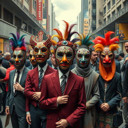 A surreal and thought-provoking depiction of 'The Disguise of Normality,' featuring individuals in various social settings wearing intricate, colorful masks that symbolize different facets of personality and societal roles