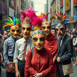 A surreal and thought-provoking depiction of 'The Disguise of Normality,' featuring individuals in various social settings wearing intricate, colorful masks that symbolize different facets of personality and societal roles