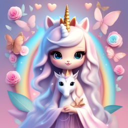 A whimsical digital art piece featuring a radiant unicorn, iridescent butterflies, and a fairy in a pastel-colored background