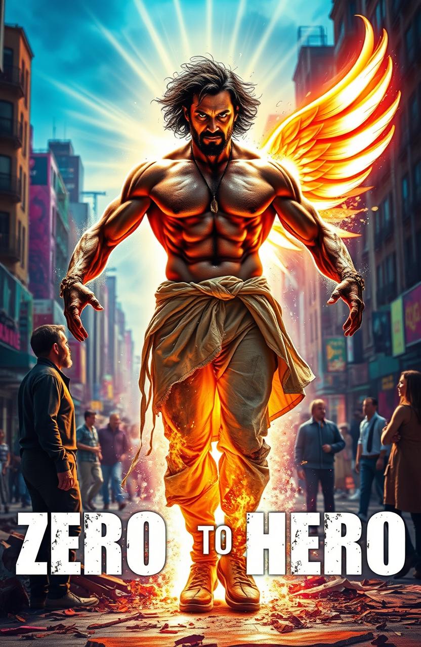 A dramatic transformation scene depicting a once disheveled and ragged man transitioning into a powerful and divine figure