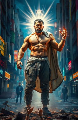 A dramatic transformation scene depicting a once disheveled and ragged man transitioning into a powerful and divine figure