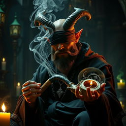 A menacing yet handsome blindfolded bearded male tiefling warlock sitting in a dark, shadowy chamber filled with eerie, glowing magical artifacts