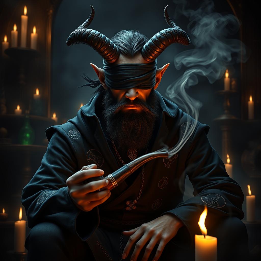 A menacing yet handsome blindfolded bearded male tiefling warlock sitting in a dark, shadowy chamber filled with eerie, glowing magical artifacts