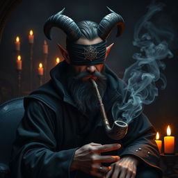 A menacing yet handsome blindfolded bearded male tiefling warlock sitting in a dark, shadowy chamber filled with eerie, glowing magical artifacts