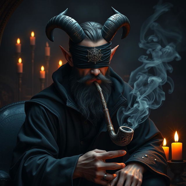 A menacing yet handsome blindfolded bearded male tiefling warlock sitting in a dark, shadowy chamber filled with eerie, glowing magical artifacts