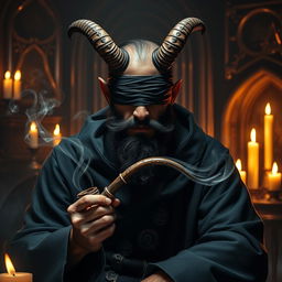 A menacing yet handsome blindfolded bearded male tiefling warlock sitting in a dark, shadowy chamber filled with eerie, glowing magical artifacts