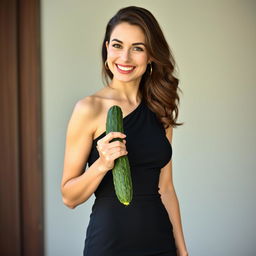 A full-length image of a 25-year-old brunette woman in a sleek black one-shoulder mini dress