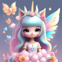 A whimsical digital art piece featuring a radiant unicorn, iridescent butterflies, and a fairy in a pastel-colored background