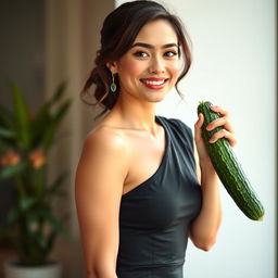 A full-length image of a 25-year-old brunette woman in a sleek black one-shoulder mini dress