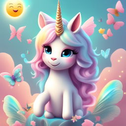 A whimsical digital art piece featuring a radiant unicorn, iridescent butterflies, and a fairy in a pastel-colored background