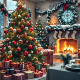 A festive Christmas scene featuring a beautifully decorated Christmas tree adorned with colorful ornaments and twinkling fairy lights