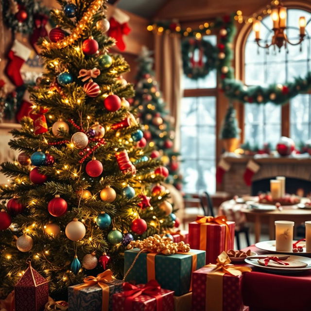 A festive Christmas scene featuring a beautifully decorated Christmas tree adorned with colorful ornaments and twinkling fairy lights