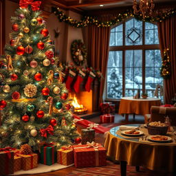 A festive Christmas scene featuring a beautifully decorated Christmas tree adorned with colorful ornaments and twinkling fairy lights