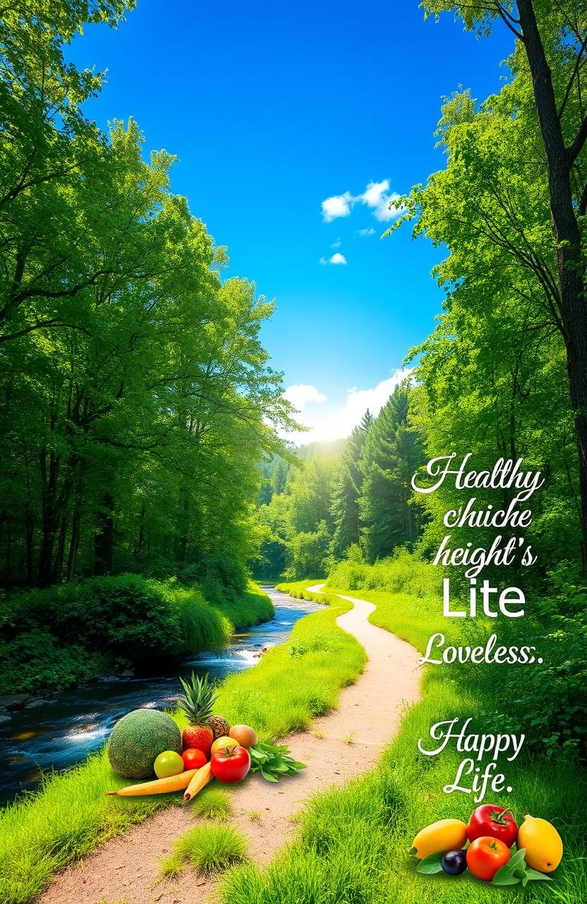 A serene landscape featuring a lush green forest with a clear blue sky, sunlight filtering through the leaves, a calm stream running gently through the scene