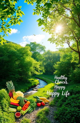 A serene landscape featuring a lush green forest with a clear blue sky, sunlight filtering through the leaves, a calm stream running gently through the scene