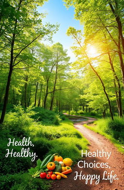 A serene landscape featuring a lush green forest with a clear blue sky, sunlight filtering through the leaves, a calm stream running gently through the scene