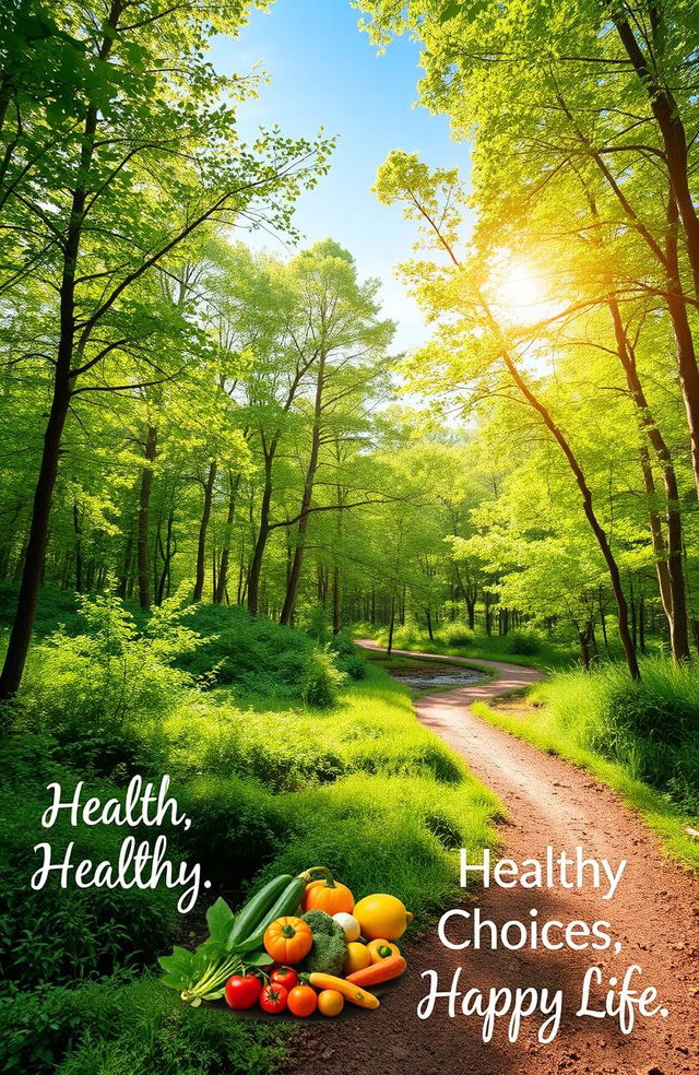 A serene landscape featuring a lush green forest with a clear blue sky, sunlight filtering through the leaves, a calm stream running gently through the scene