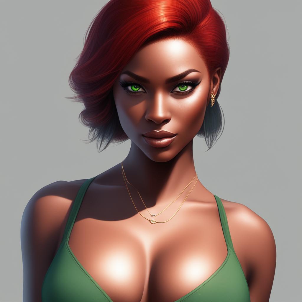 A high-resolution digital art image of a confident woman with dark skin and fiery red hair